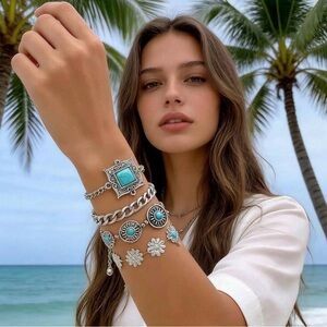 Western Bracelet Set - Silver Turquoise Bracelet Set - 4 pieces Cowgirl